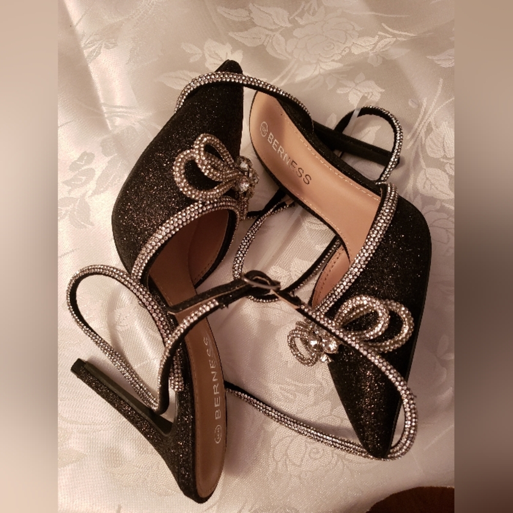 Dressy Rhinestone Black Shimmer High Heels 4 1/2", Ankle Wrap, Brand New, Size 6